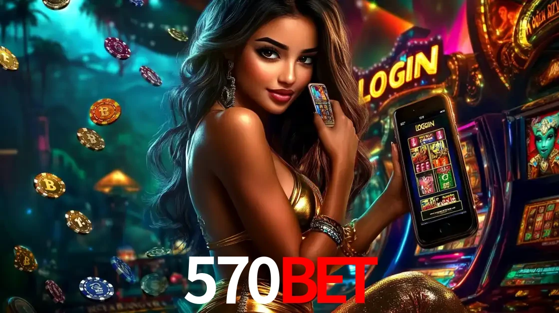 Mulher em um cenário de cassino temático de aventura, mostrando o app de caça-níqueis da 570bet no celular. Fichas de apostas flutuam ao redor.