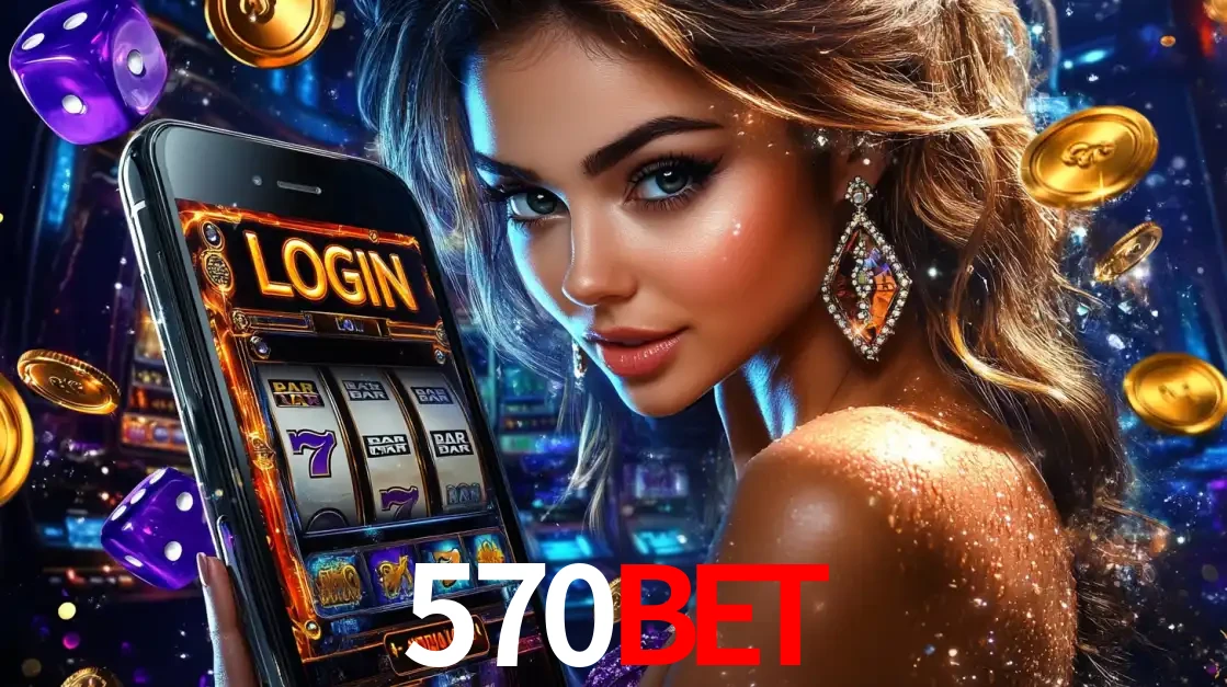 Mulher glamorosa segurando um smartphone com a tela de login para os jogos de caça-níqueis do cassino online 570bet, com moedas de ouro e dados ao redor.