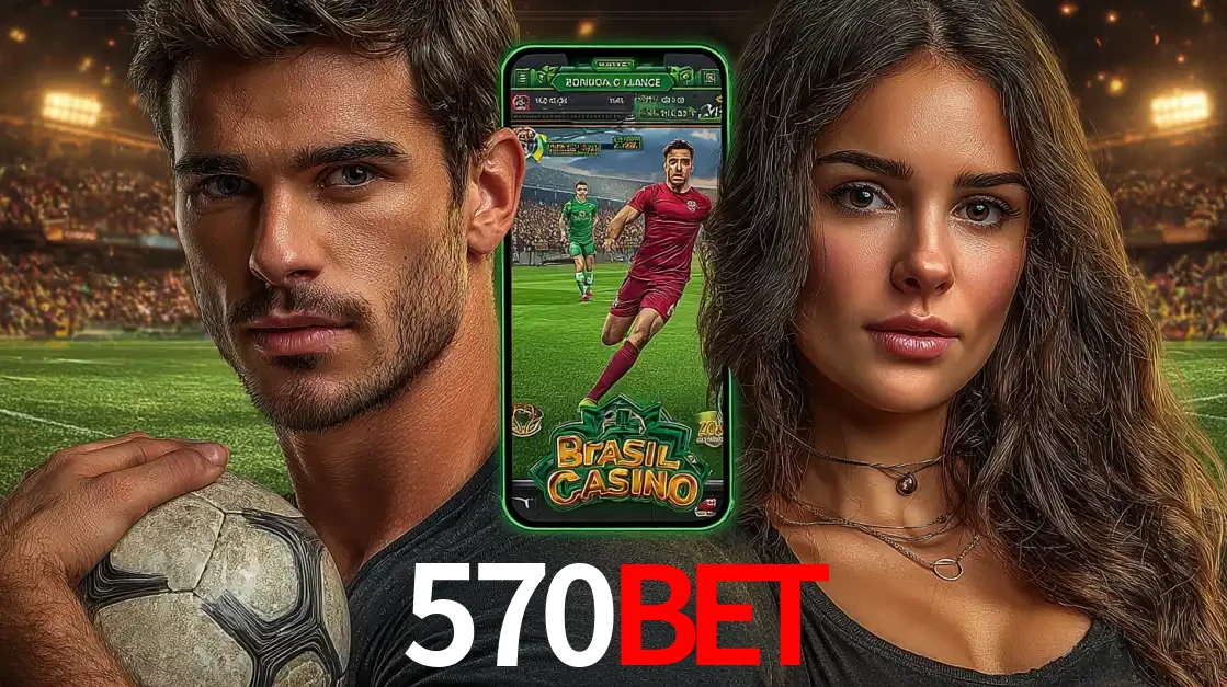 Homem segurando uma bola de futebol e uma mulher ao lado de um smartphone exibindo o jogo de apostas esportivas da 570bet. Faça seu palpite no cassino online.